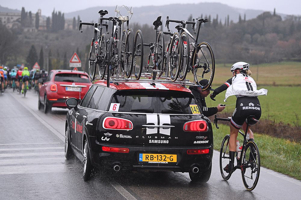 Team Sunweb's Eleonora van Dijk gets some mechanical assistance