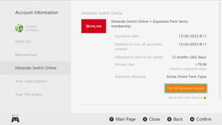 Nintendo Switch eShop menu: Turn off Automatic Renewal