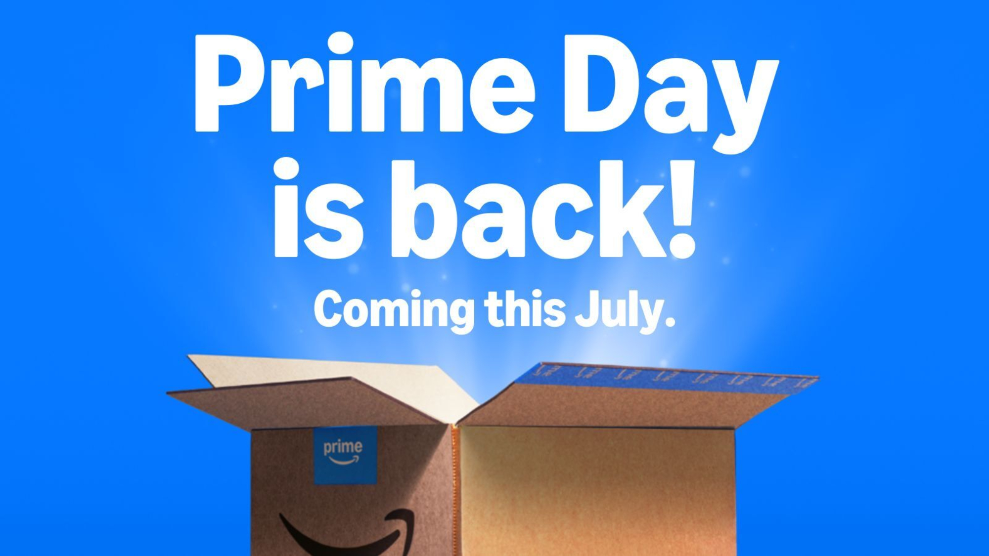 An Amazon box with text above it saying Prime Day is back