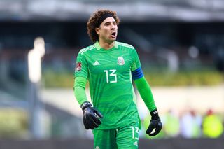 Mexico goalkeeper Guillermo Ochoa gestures during a match against Costa Rica in January 2022.