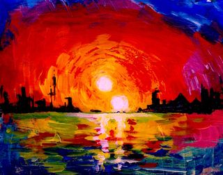 University of Utah astrophysicist Ben Bromley painted this depiction of a double sunset, as seen from an inhabited Earthlike planet orbiting two stars.