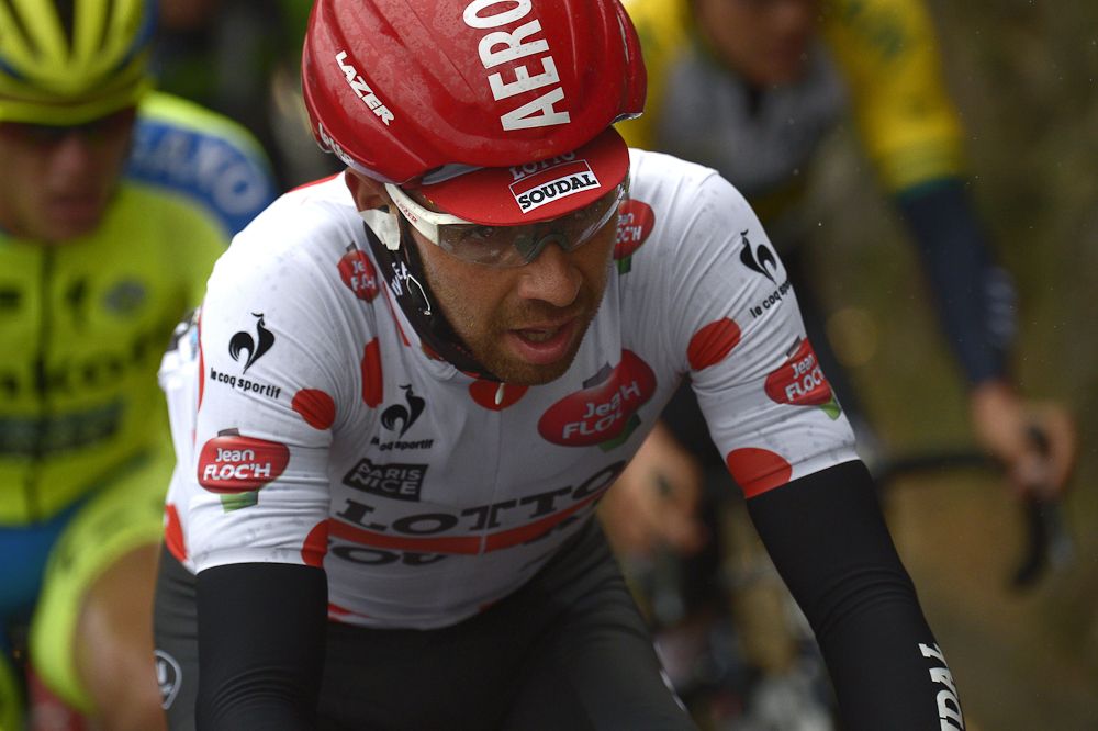 Belgium's Thomas De Gendt, wearing the best climber's polka dot jersey, rides in a breakaway during the sixth stage of the 73rd edition of Paris-Nice.