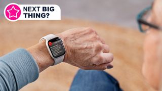 A person looks at an Apple Watch on their wrist. The device is warning them that they have a high heart rate.