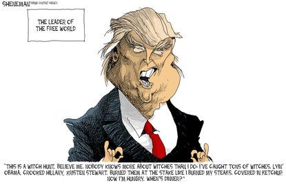 Political cartoon U.S. Trump complaining treated badly Witch hunt
