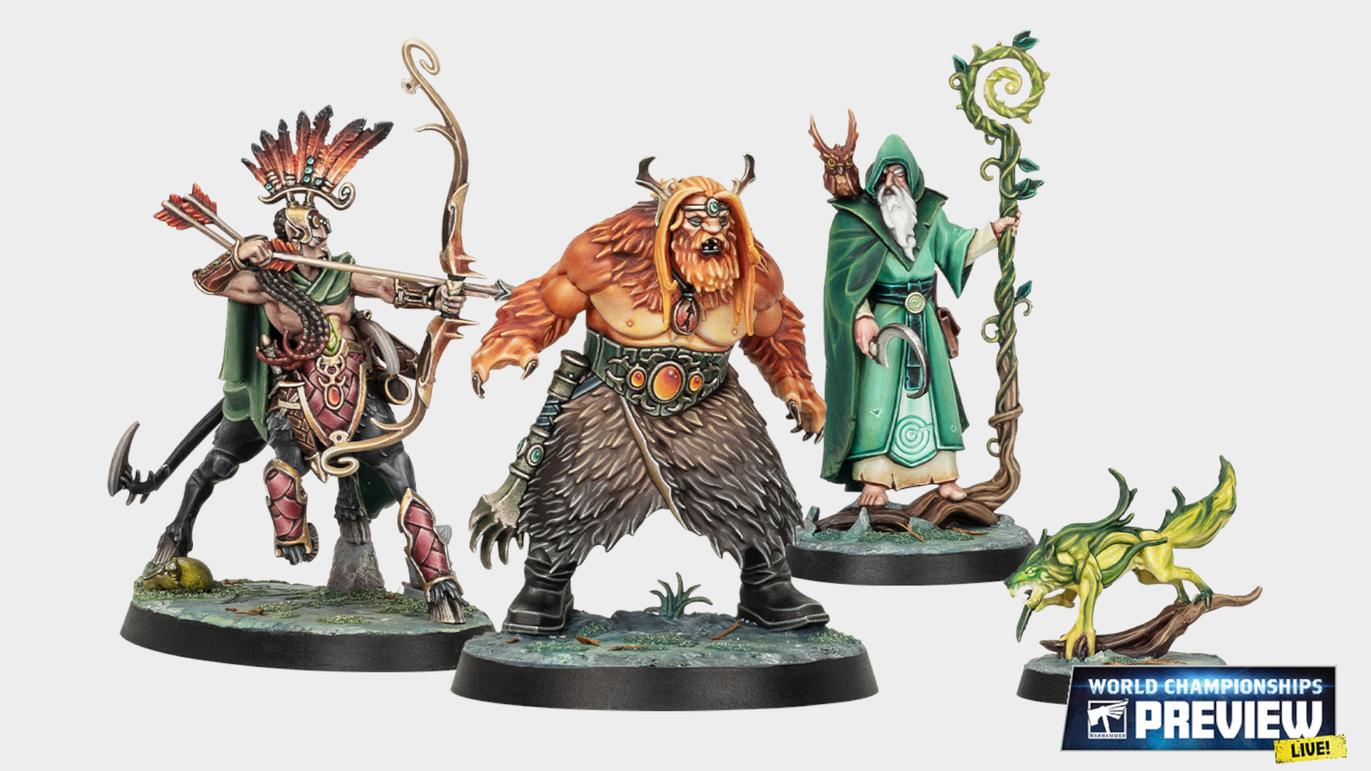 A centaur holding a bow, a beastman, and a wizard with familiars against a plain background, with a World Championships Preview logo in the bottom right