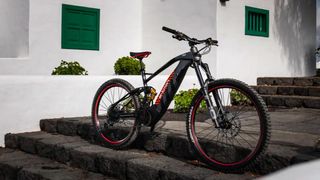 The Audi e-MTB on staircase with white building backdrop