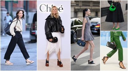 An image of the celebrity front row at Chloe Fall 2024, a model wearing wedge sandals in Ferragamo&#039;s Spring 2024 show, and two women wearing wedge sandals while walking 