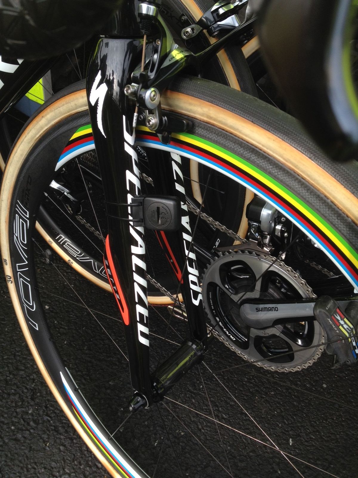 Rainbow stripes on the rims are a rare bit of colour on Peter Sagan's Roubaix