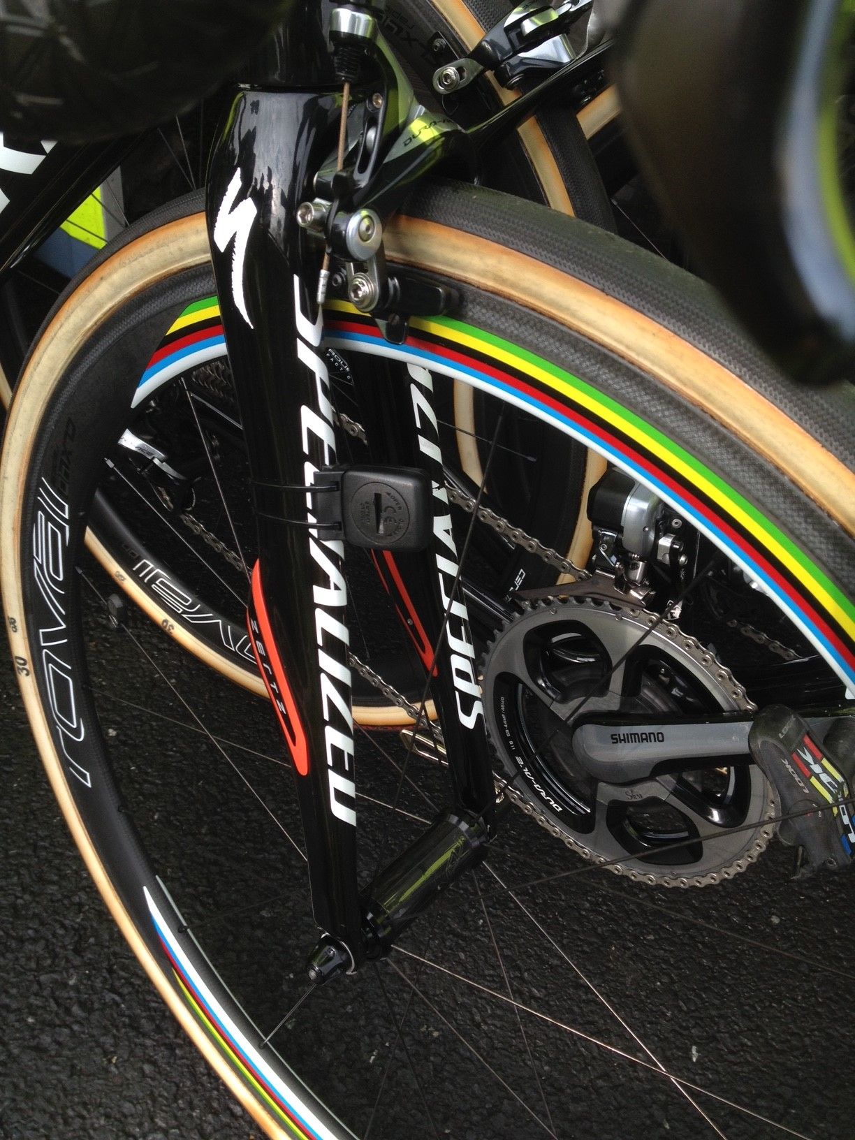 Rainbow stripes on the rims are a rare bit of colour on Peter Sagan's Roubaix