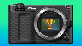 Nikon ZR with trophy emoji on sensor and blue to green gradient 