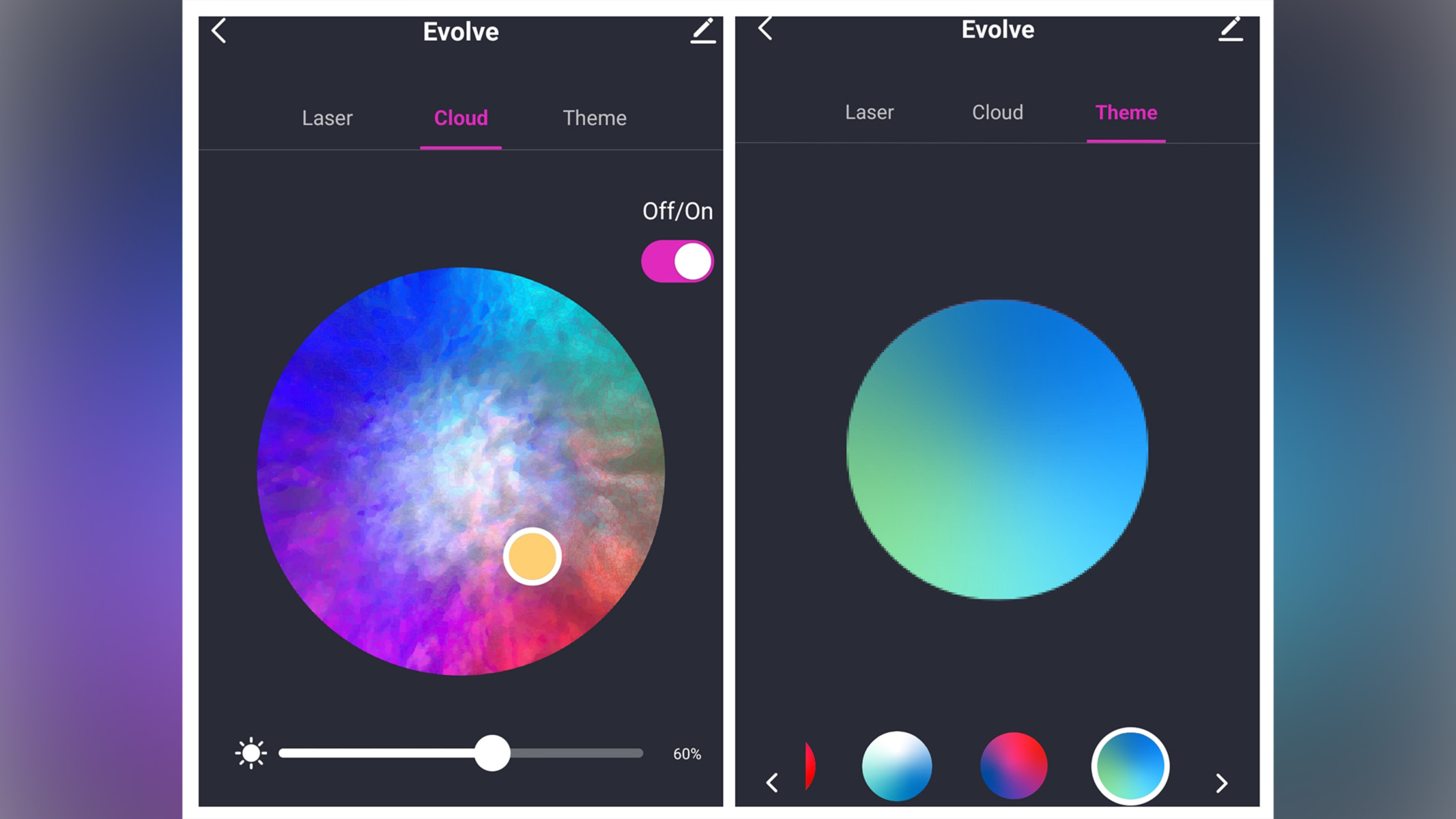 Two screenshots from the BlissLights app showing how the color and theme can be changed