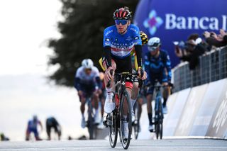 FERMO ITALY MARCH 11 Tadej Pogacar of Slovenia and UAE Team Emirates Blue Leader Jersey crosses the finish line during the 57th TirrenoAdriatico 2022 Stage 5 a 155km stage from Sefro to Fermo 317m TirrenoAdriatico WorldTour on March 11 2022 in Fermo Italy Photo by Tim de WaeleGetty Images