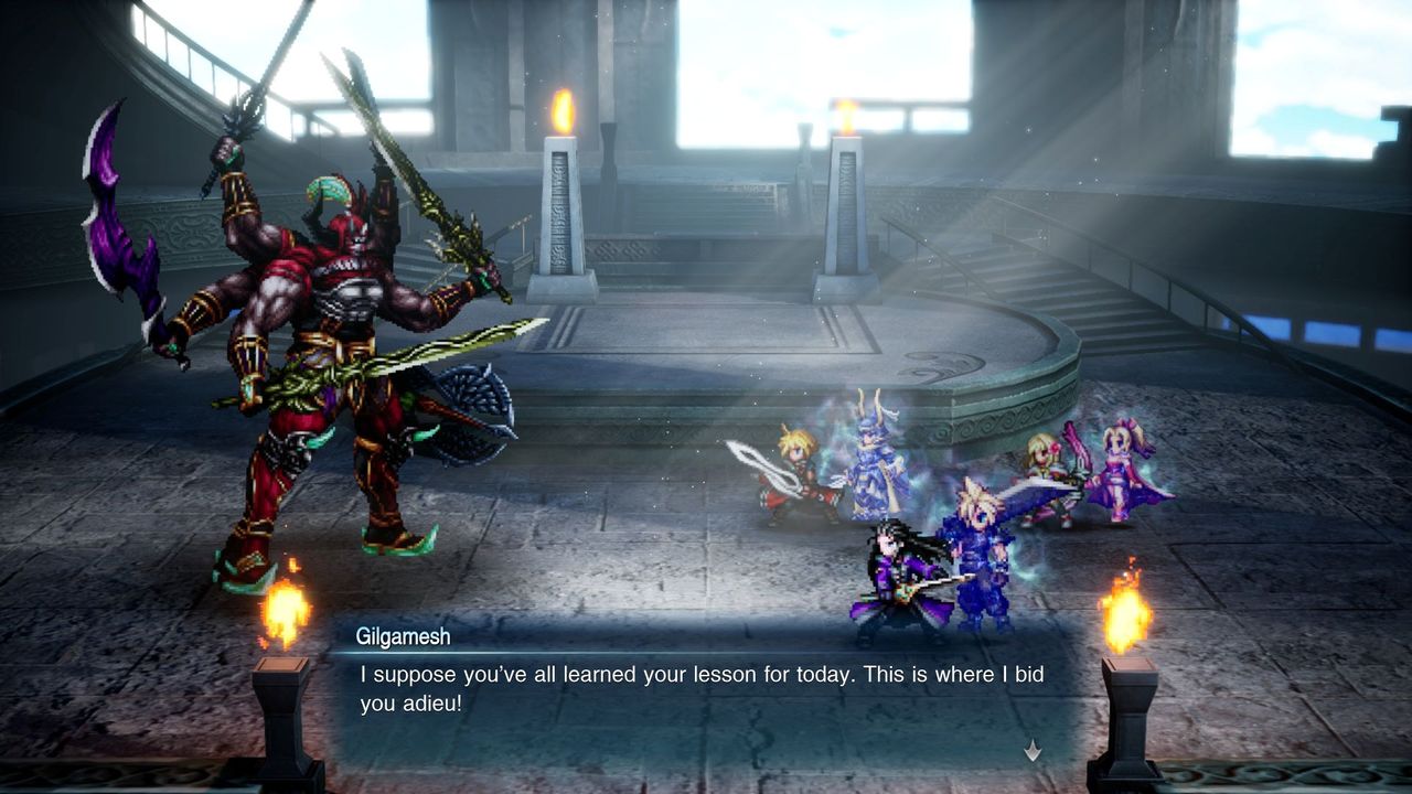 Screenshot from Final Fantasy Resonance, showing the party facing against Gilgamesh, a multi-armed swordsman dressed in red.