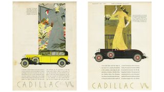 Two advertisements for Cadillac featuring paintings of elegantly dressed women and cars