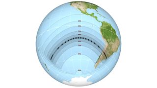 This map represents the path that the moon's shadow will take across the Earth's surface during the total solar eclipse on July 2, 2019.