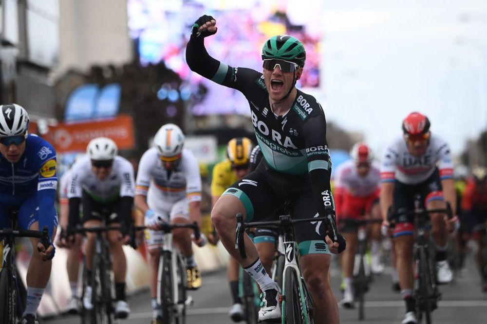 Sam Bennett (Bora-Hansgrohe) wins stage 3 of Paris-Nice ahead of Caleb Ewan (Lotto-Soudal)