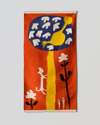 ‘Cat and Bird’ tapestry in wool by Evelyn Ackerman, part of california women designers exhibition