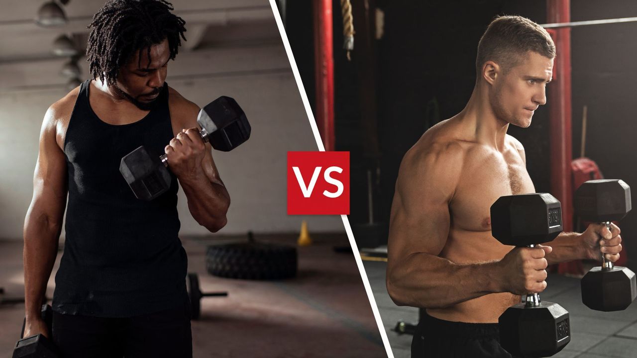 A man performing bicep curls and another man performing hammer curls with a pair of dumbbells