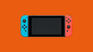 A Nintendo Swtich console on an orange background.