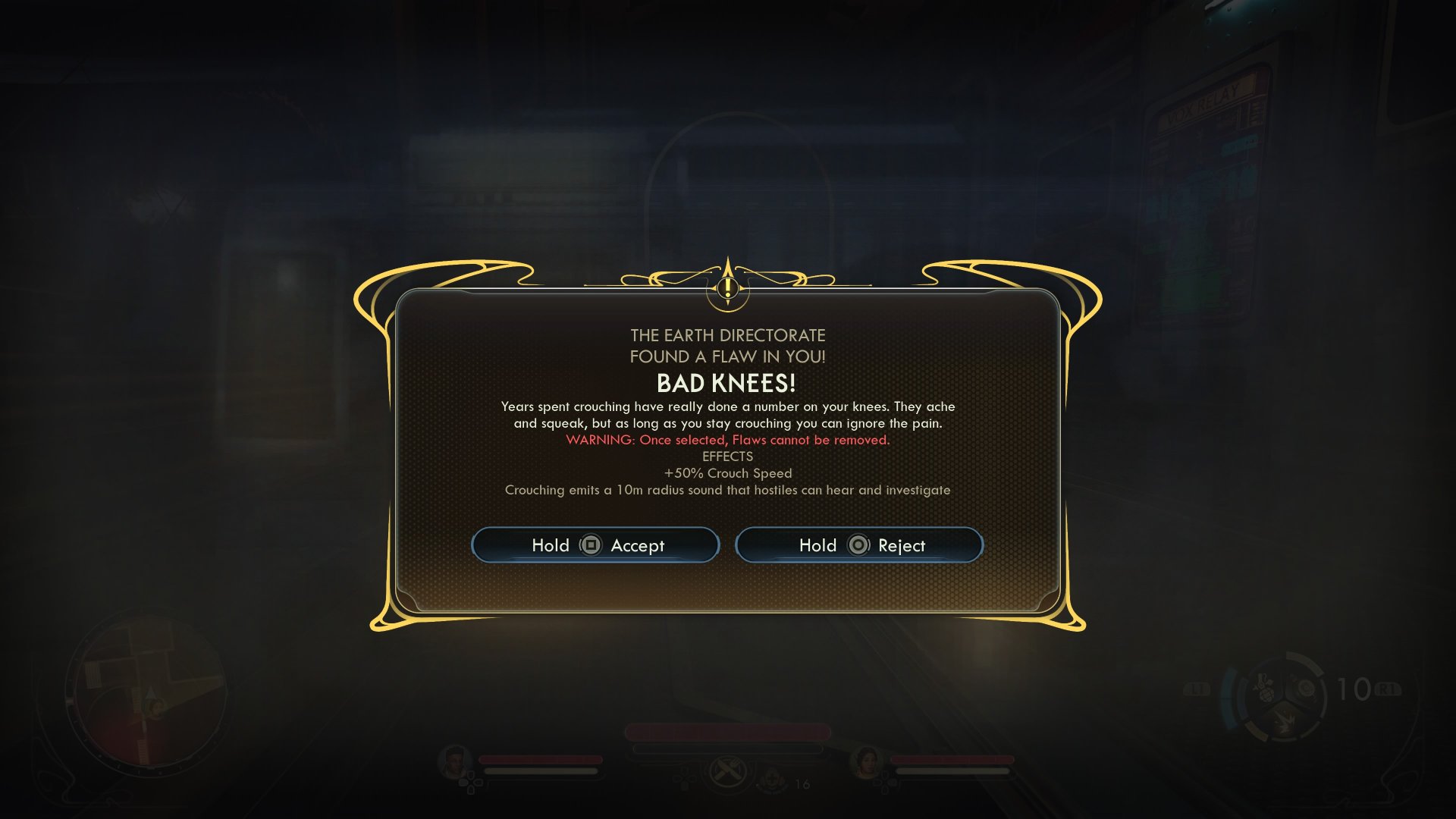 The Outer Worlds 2 screenshot showing the Bad Knees flaw