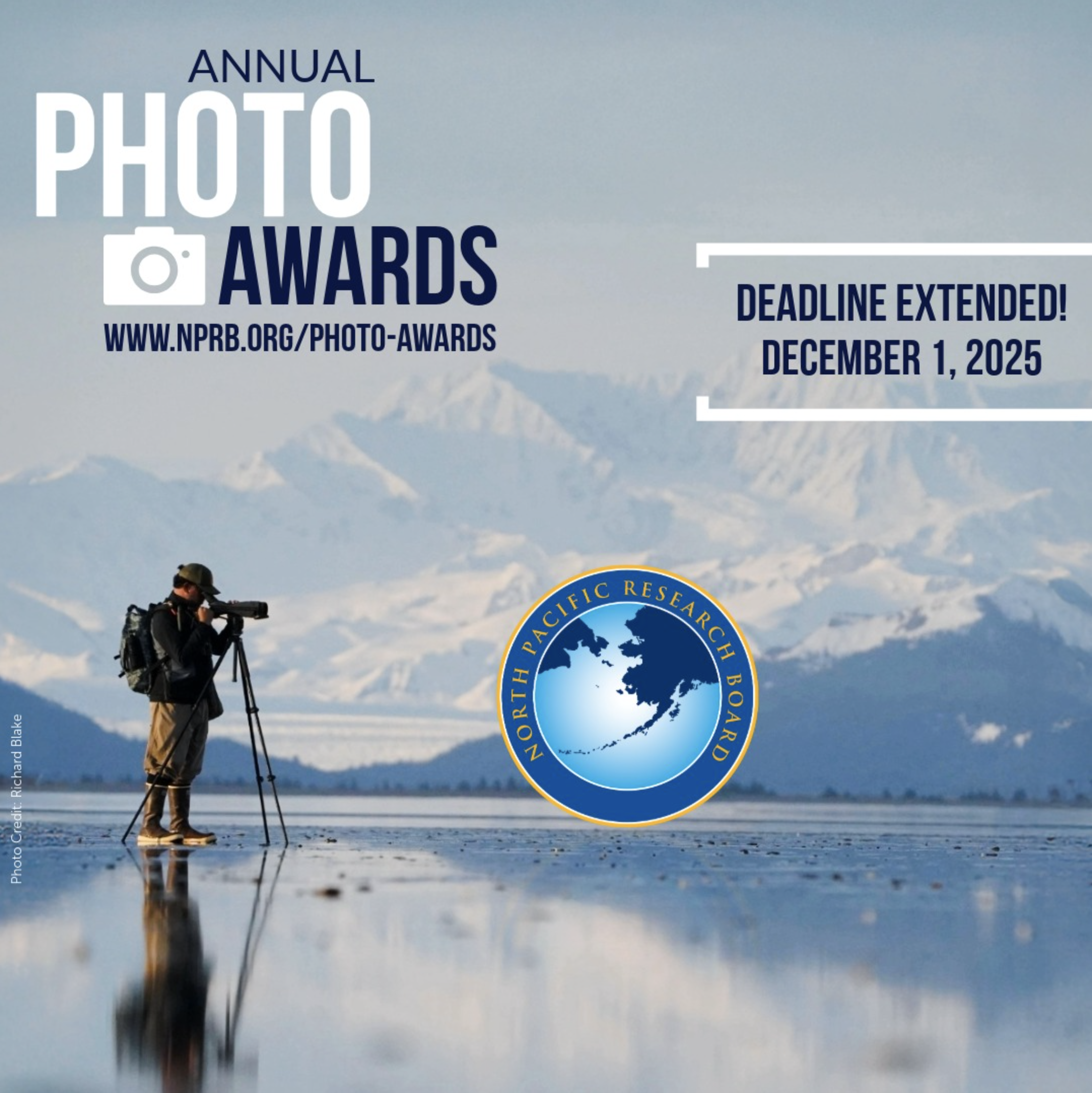 A photographer with a tripod stands on a reflective surface with snowy mountains in the background. Text: 