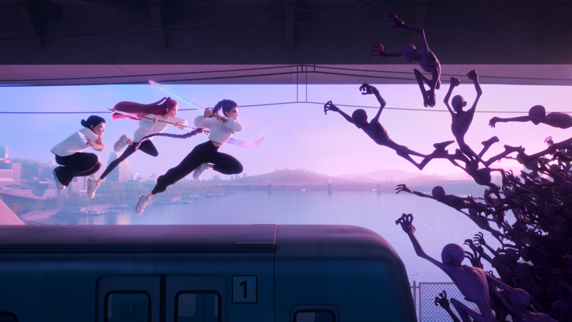KPop Demon Hunters still of the three hunters attacking a bunch of demons on top of a train