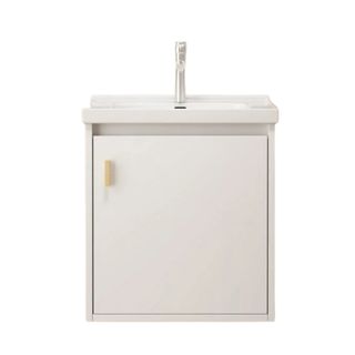 A rectangular white wall vanity unit with a silver faucet