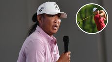 Anthony Kim chats into a microphone