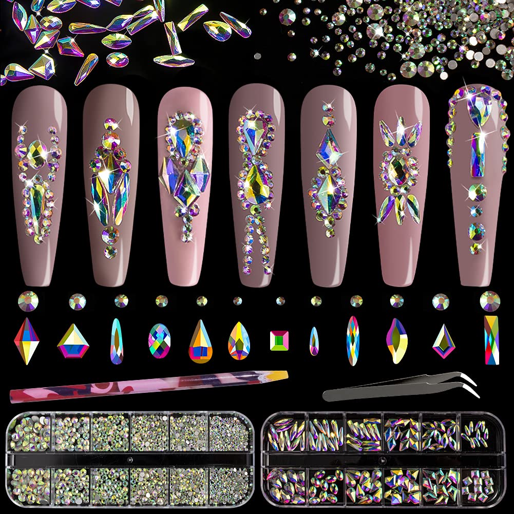 Multi Shapes 3d Glass Ab Crystal Nail Art Rhinestones Kit With Flatback Round Bead Charm Gem Stone Jewelry Diamond With Pickup Pen + Tweezer for Manicure Craft Decoration by Belleboost (iridescent)