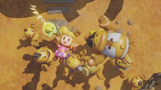 A The Legend of Zelda: Echoes of Wisdom screenshot showing Princess Zelda, Tri and a Goron being tossed up in the air by other Gorons