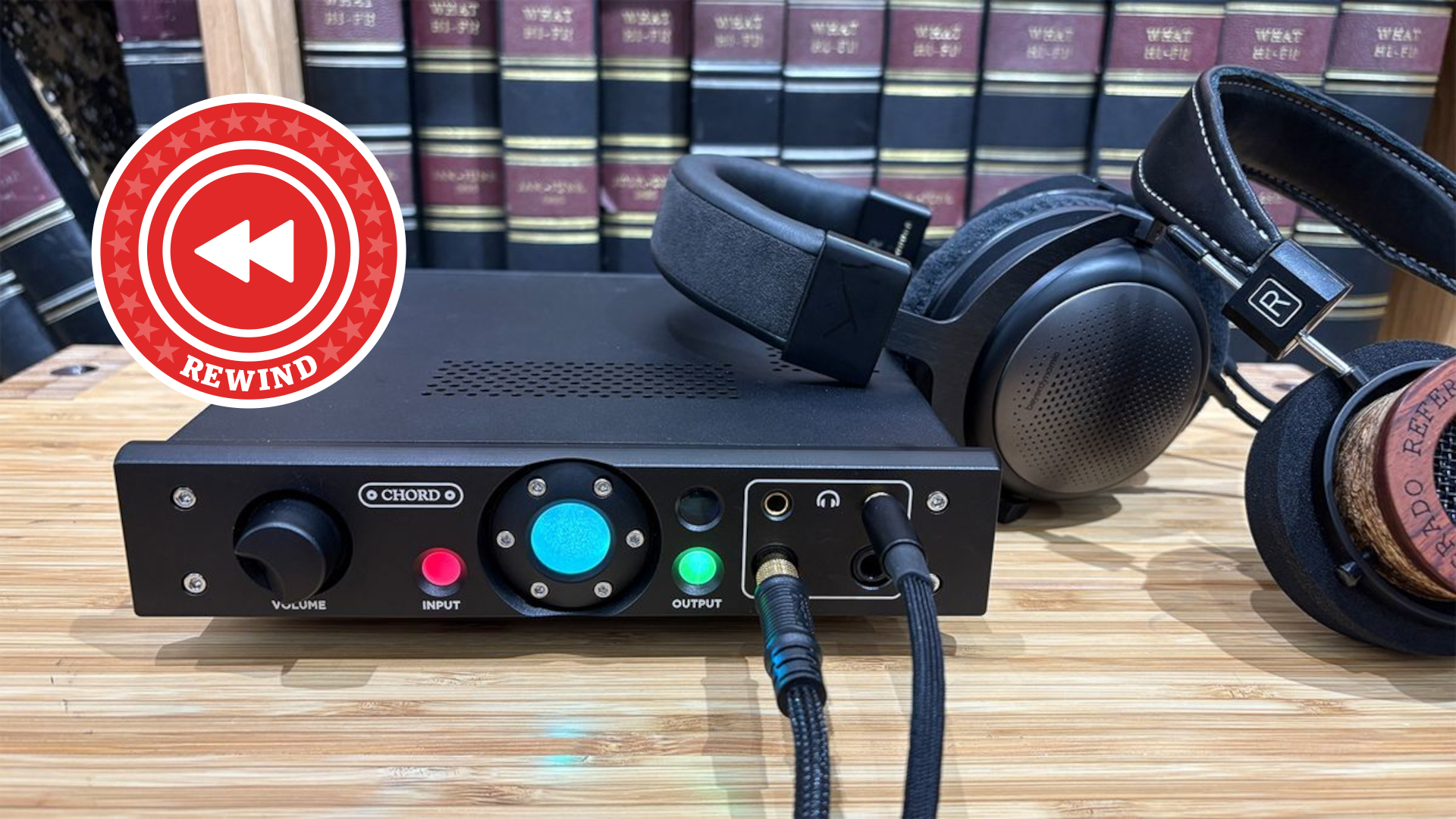 Chord Alto with headphones on desk and Rewind logo