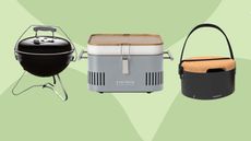 Three of the best portable grills from Weber, Everdure, and BergHoff on green background