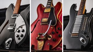 Three of Johnny Marr's guitars up for sale: Rickenbacker, Gibson ES-355, 9-pickup Fender Stratocaster