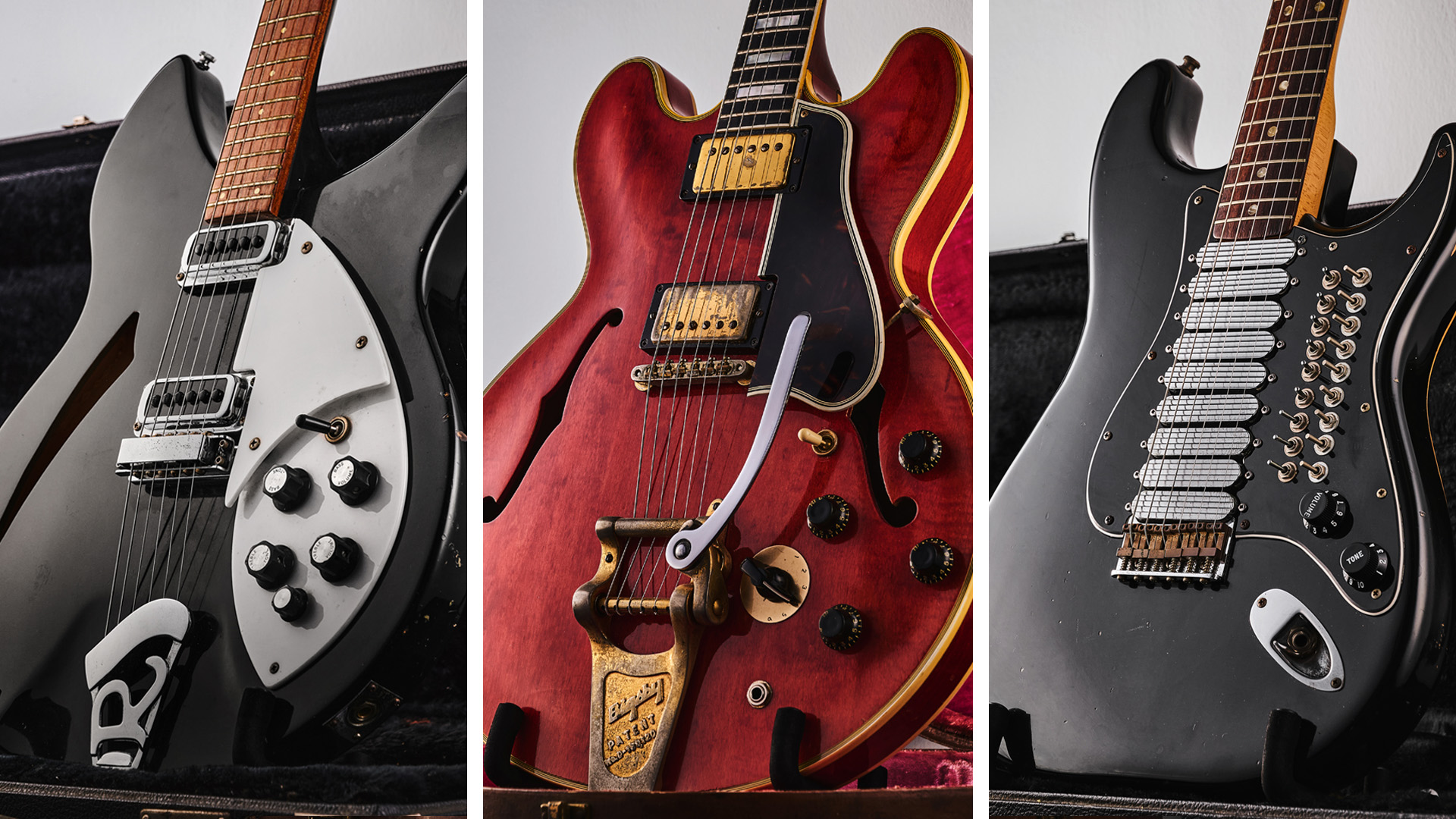 Three of Johnny Marr's guitars up for sale: Rickenbacker, Gibson ES-355, 9-pickup Fender Stratocaster