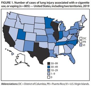 A map showing the number of vaping-related lung illnesses reported in each state as of Sept. 24, 2019.
