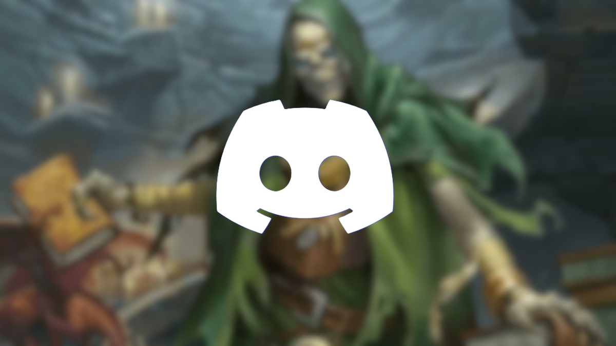 A blurred backdrop of a D&amp;D lich with a Discord logo layered atop it.