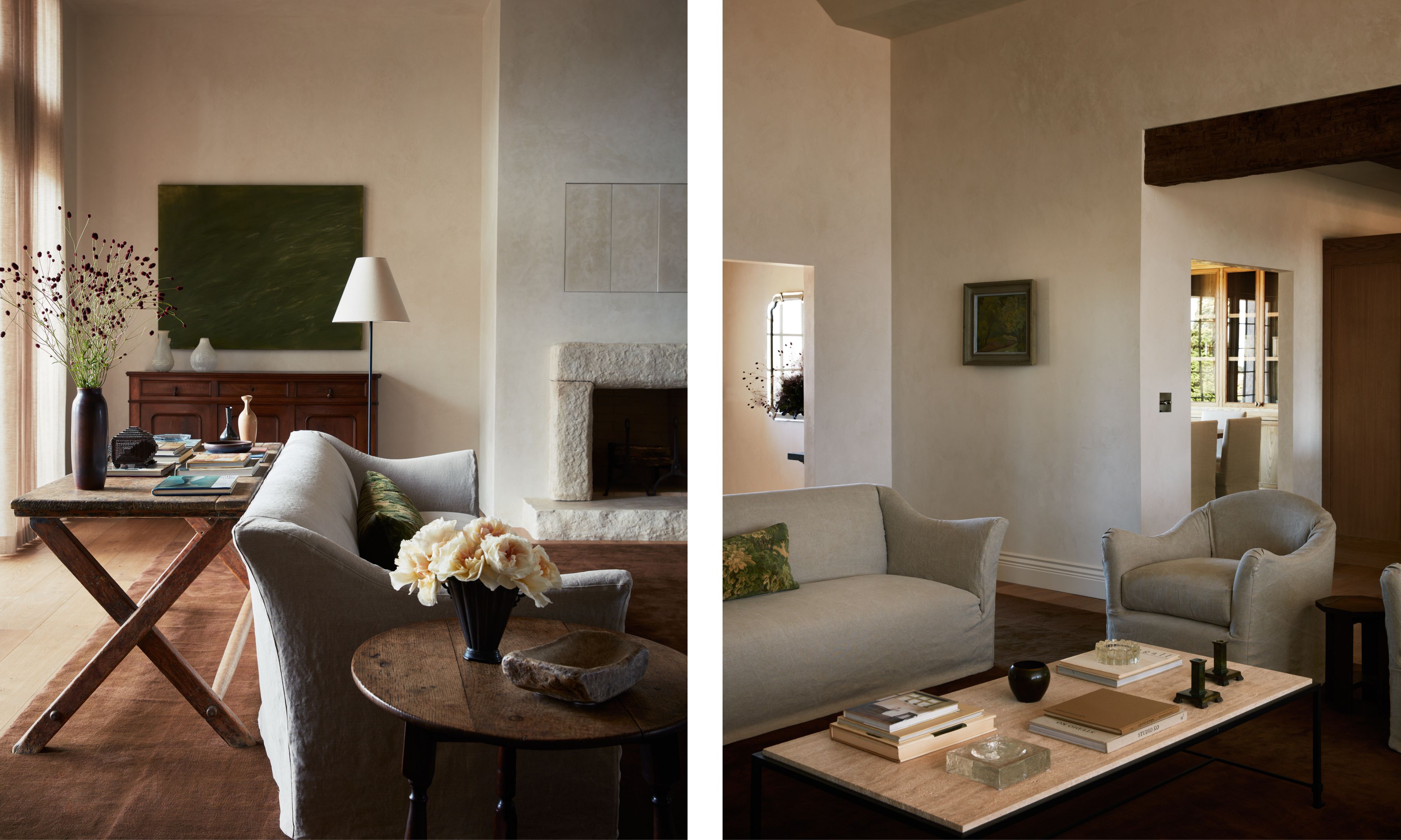 two shots next to each other of the same living room from different angles, both showing off-white sofas, a stone fireplace and a travertine coffee table