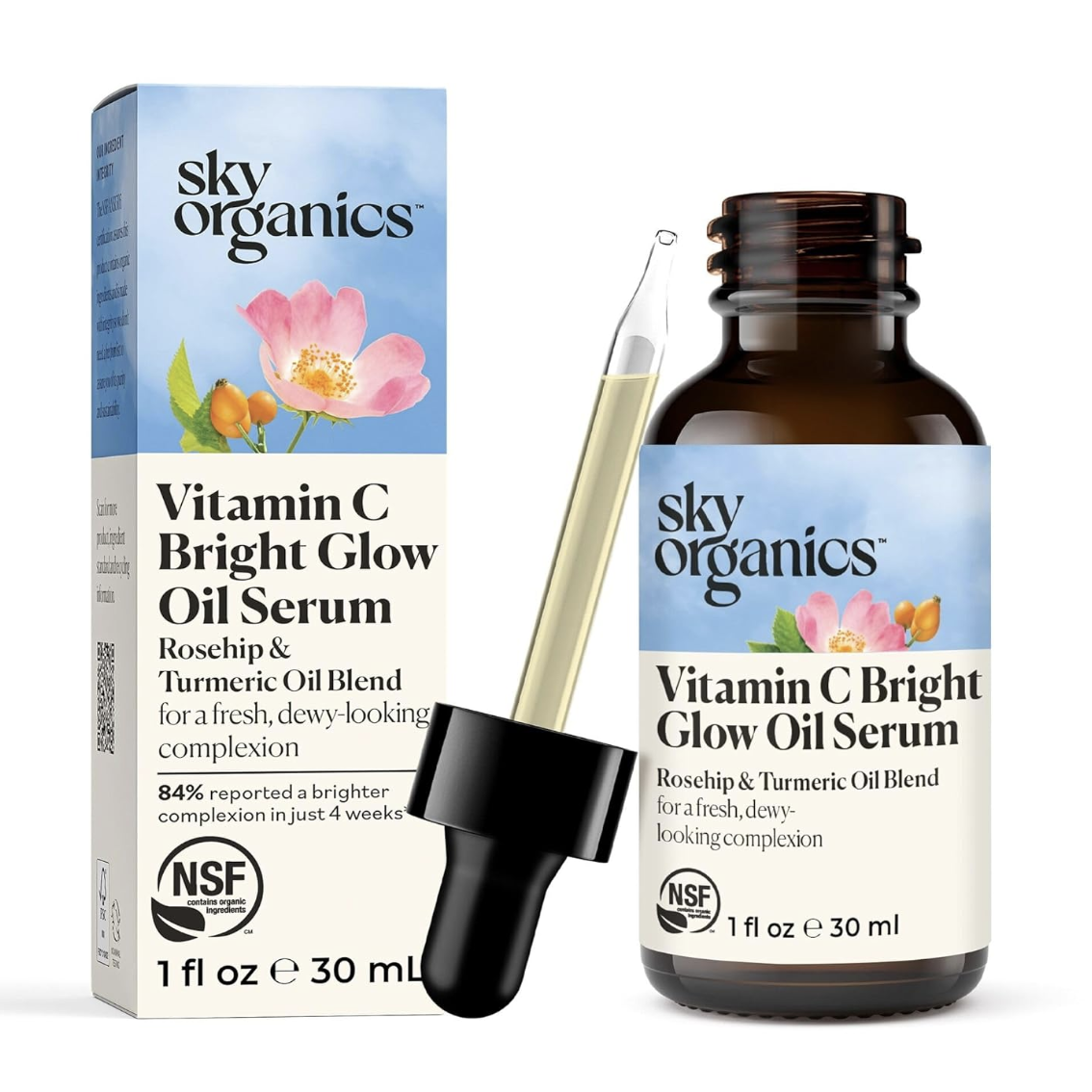 Sky Organics Bright Glow Face Serum, Vitamin C Serum, Rejuvenate Dull Skin, Hydrating, Promotes Brighter-Looking Complexion, Skin Care With Vitamin E, Organic Jojoba Oil & Rosehip Oil, 1 Fl Oz W Ebook