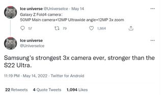 Ice universe's tweet about the Galaxy Z Fold 4's camera upgrade