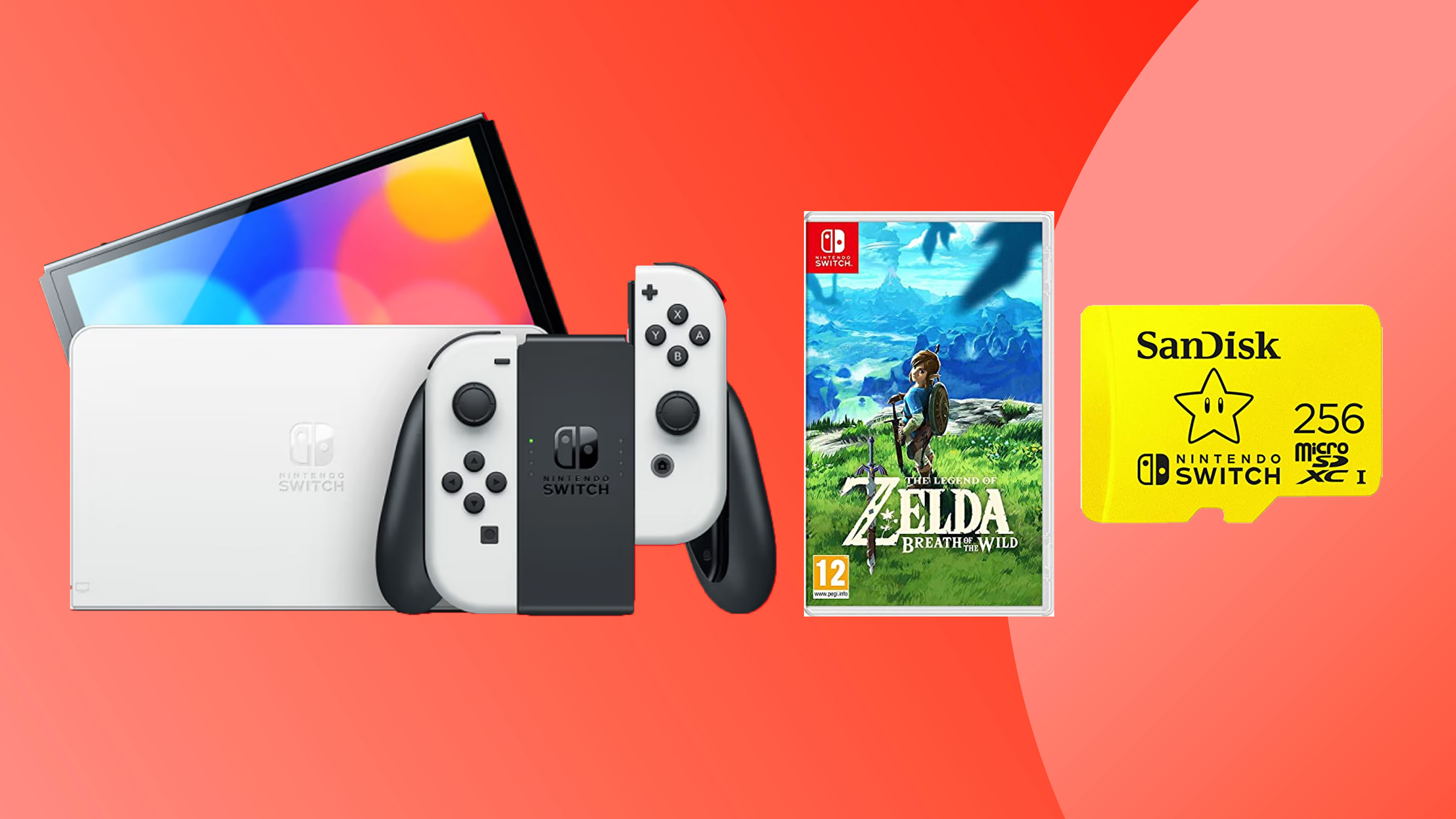 product image of the switch oled with breath of the wild and a micro sd card on a colorful background