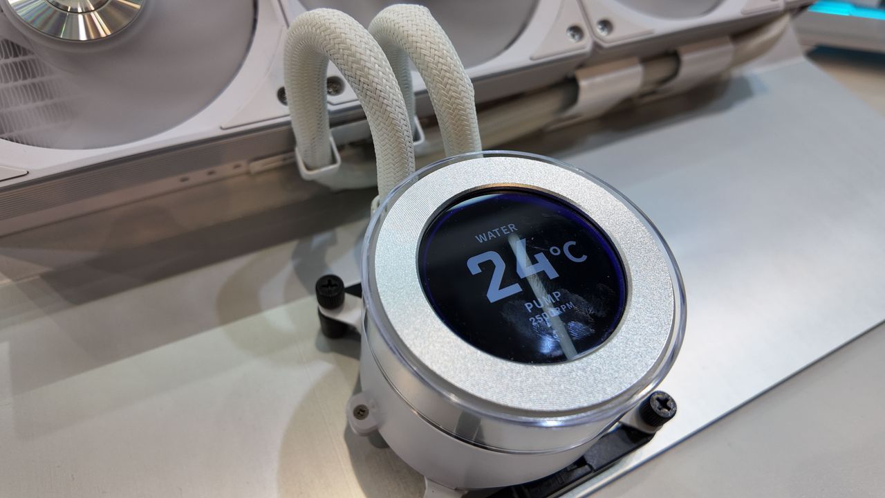 A photo of a Lian Li Hydroshift LCD-C LC AIO liquid CPU cooler, as displayed at Computex 2025