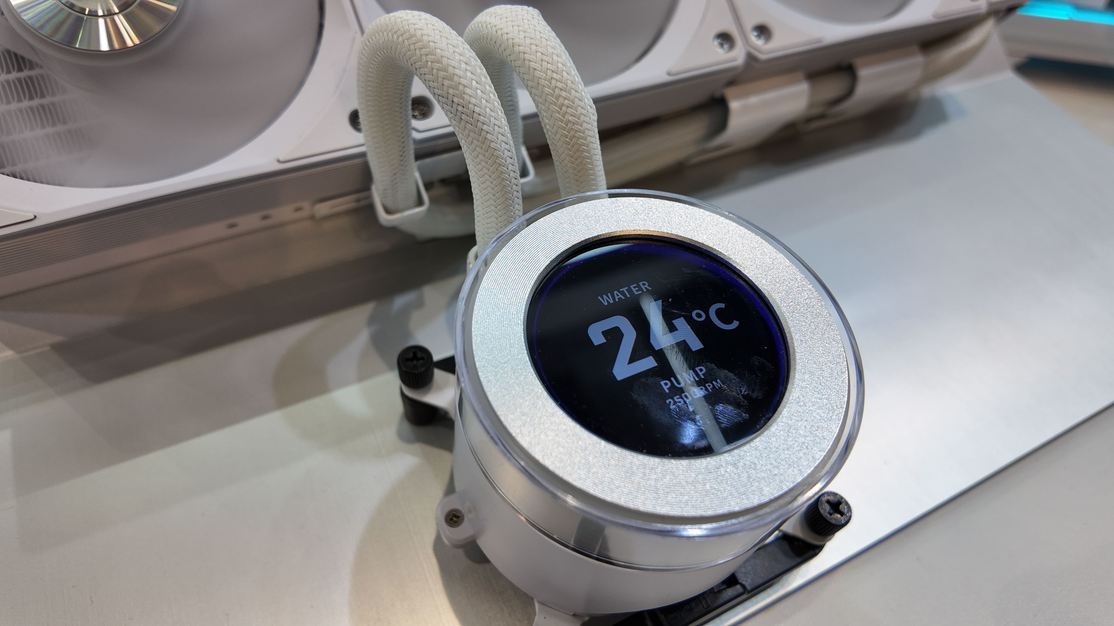 A photo of a Lian Li Hydroshift LCD-C LC AIO liquid CPU cooler, as displayed at Computex 2025