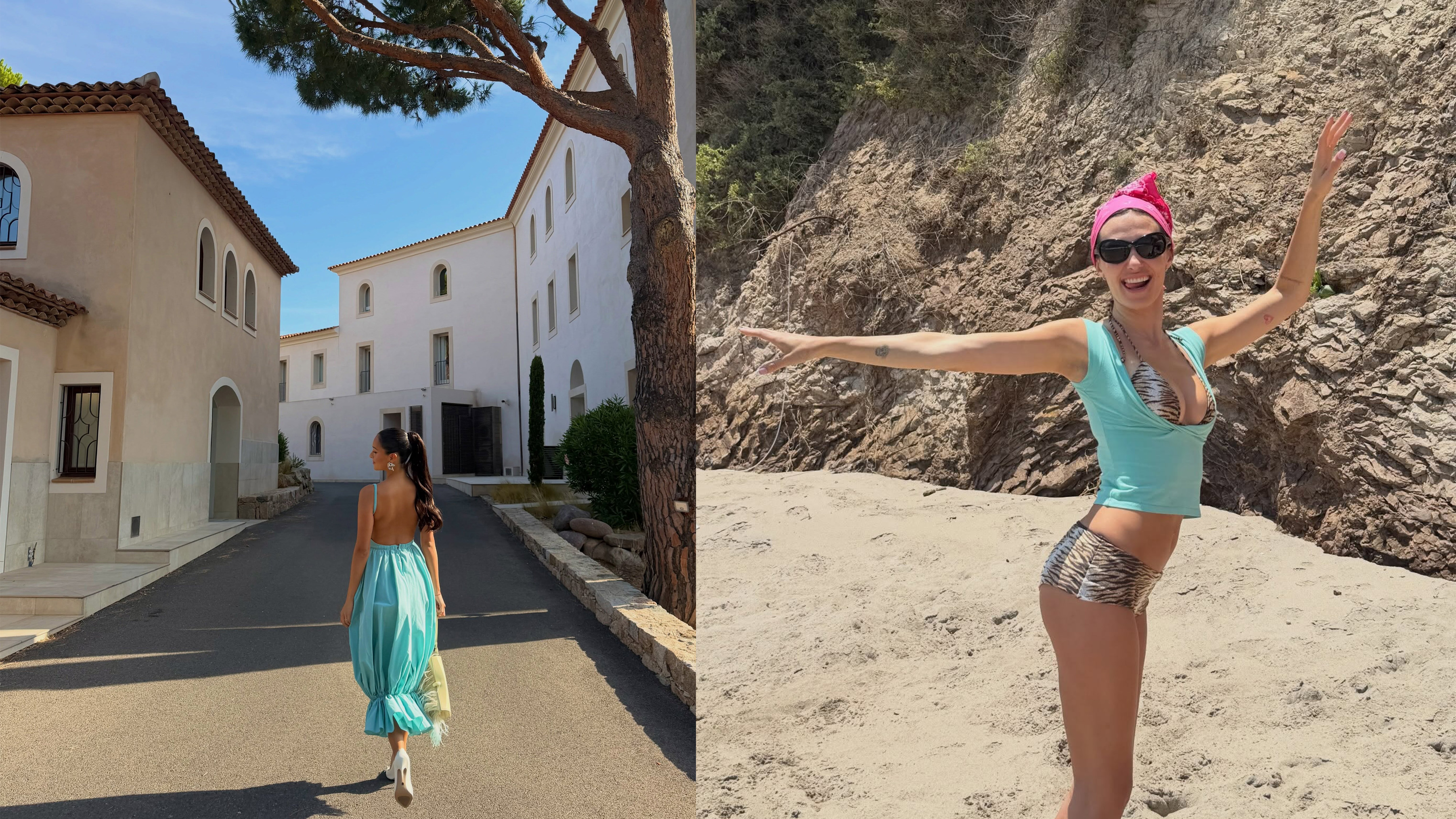 Alexandra Leclerc and Devon Lee Carlson wearing the aqua blue color trend.