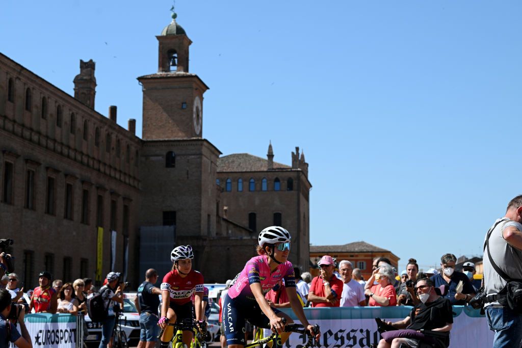 REGGIO EMILIA ITALY JULY 05 Anastasia Carbonari of Latvia and Valcar Travel Service Team prior to the 33rd Giro dItalia Donne 2022 Stage 5 a 1261km stage from Carpi to Reggio Emilia GiroDonne UCIWWT on July 05 2022 in Reggio Emilia Italy Photo by Dario BelingheriGetty Images