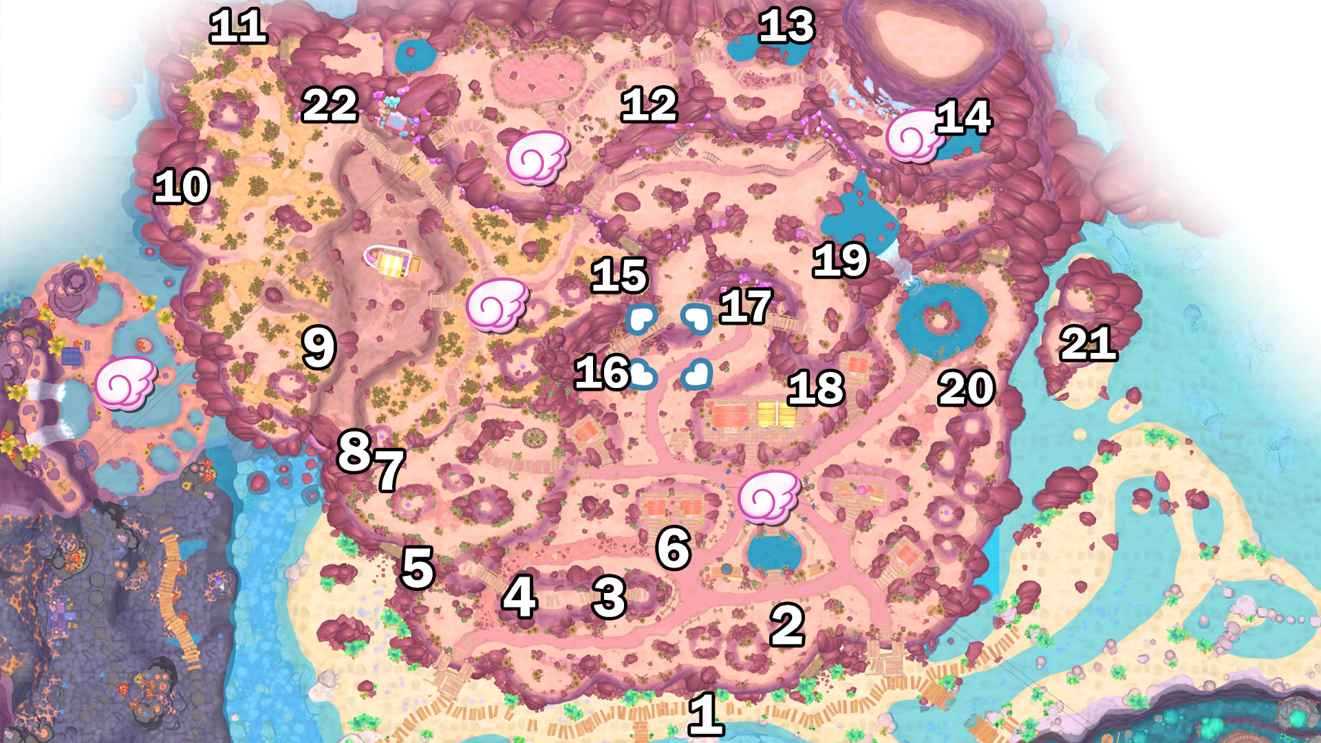 The Gudetama locations on Gemstone Mountain in Hello Kitty Island Adventure.