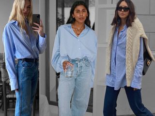 Collage of Christie Tyler, Monikh Dale, and Débora Rosa wearing blue button-down shirts and jeans.