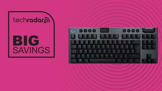 Logitech G915 Lightspeed wireless mechanical gaming keyboard on pink background