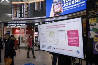 Smaller format digital signage has become the norm in places like airports and corporate offices. Here, a screen in London Stansted airport warns passengers arriving from Northern Italy to contact health officials upon their arrival in the UK.