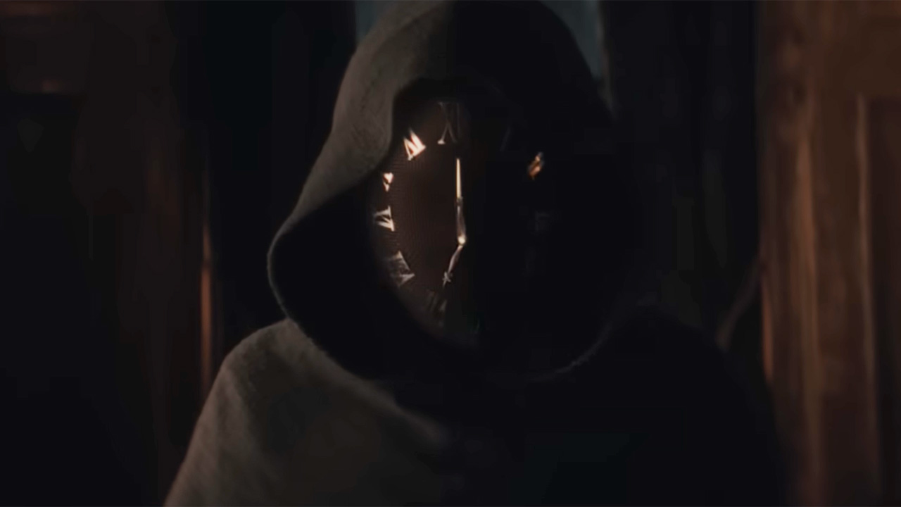 The creepy Seven Dials mask in Netflix's Agatha Christie's Seven Dials series.