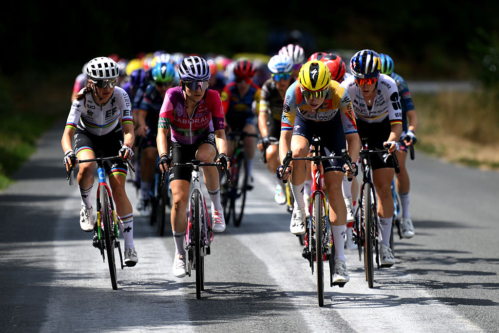 BELLEVILLE-EN-BEAUJOLAIS, FRANCE - AUGUST 05: (L-R) Mischa Bredewold of Netherlands and Team SD Worx - Protime and Franziska Koch of Germany and Team FDJ United - SUEZ compete during the 5th Tour de France Femmes 2026, Stage 5 a 140km stage from Macon to Belleville-en-Beaujolais / #UCIWWT / on August 05, 2026 in Belleville-en-Beaujolais, France. (Photo by Alex Broadway/Getty Images)